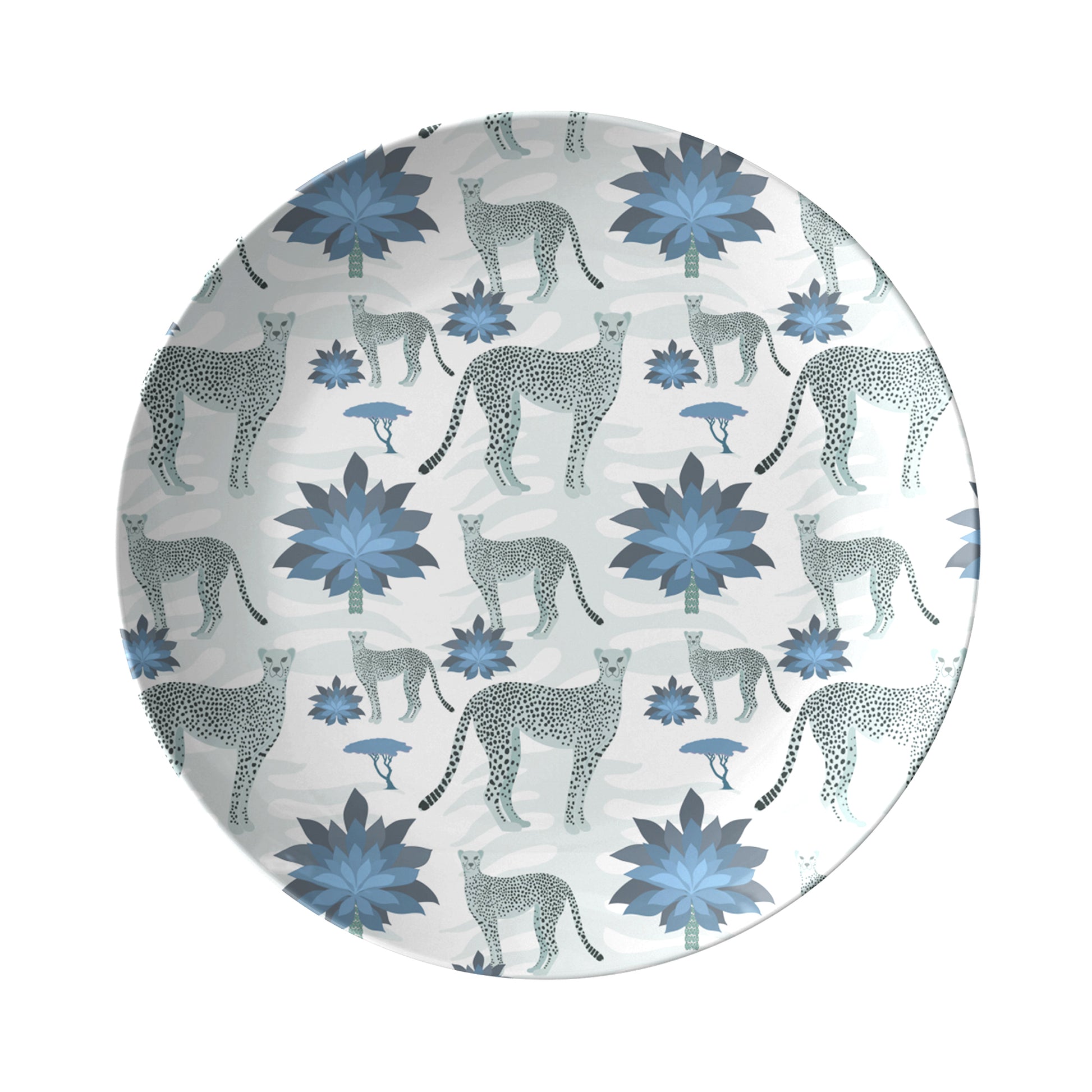 Safari Chic. Cheetahs & Palm Trees Dinner Plate, Blue & White