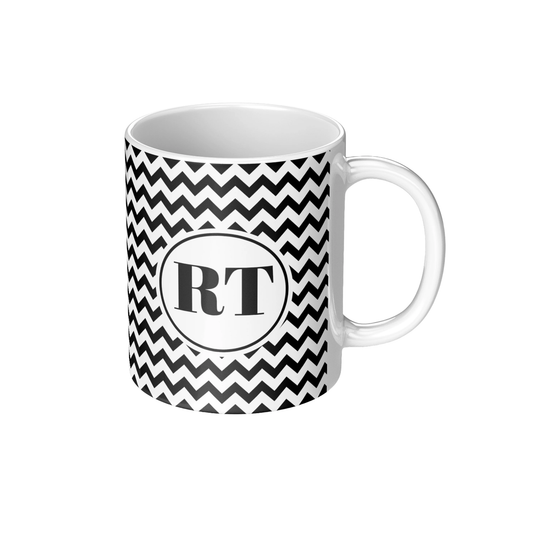 Personalized ceramic coffee mug with unique black and white chevron stripes and custom monogram initials.