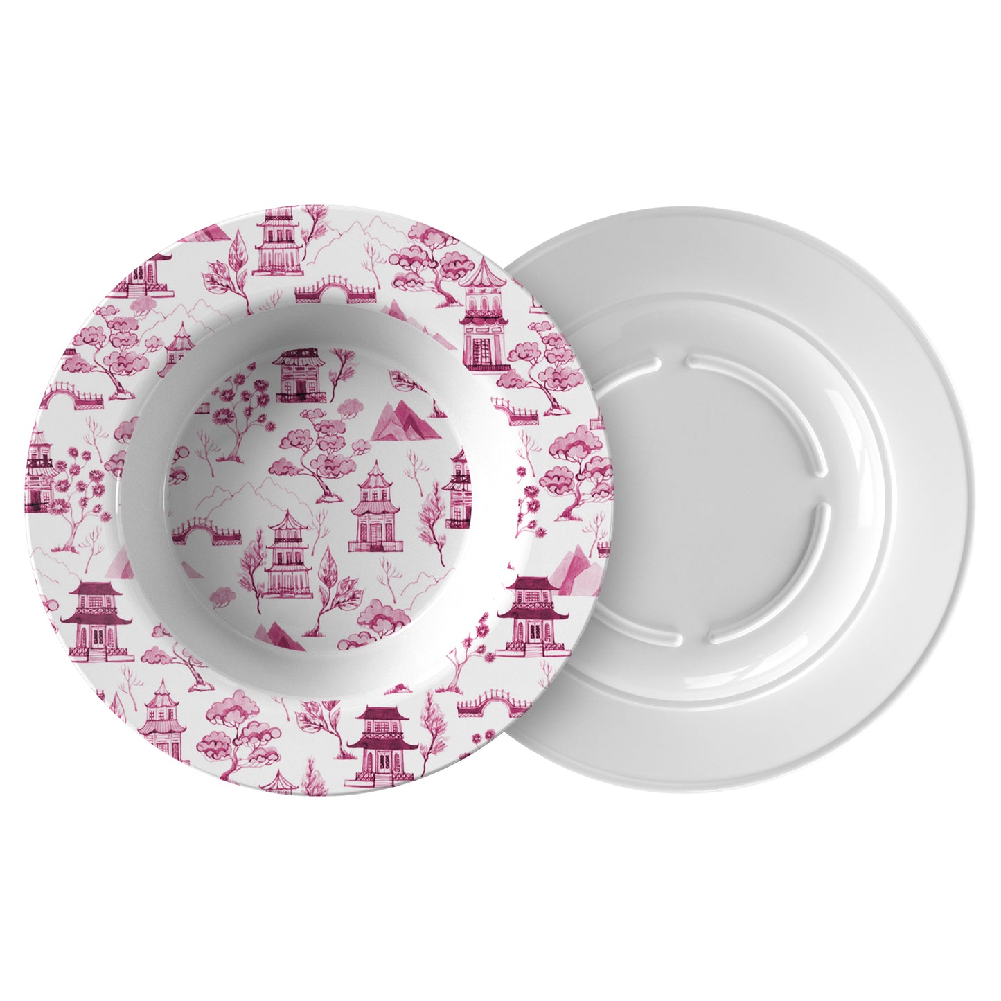 Chinoiserie Toile Bowl, Pink and White, Luxury Plastic, Choose Single or Set