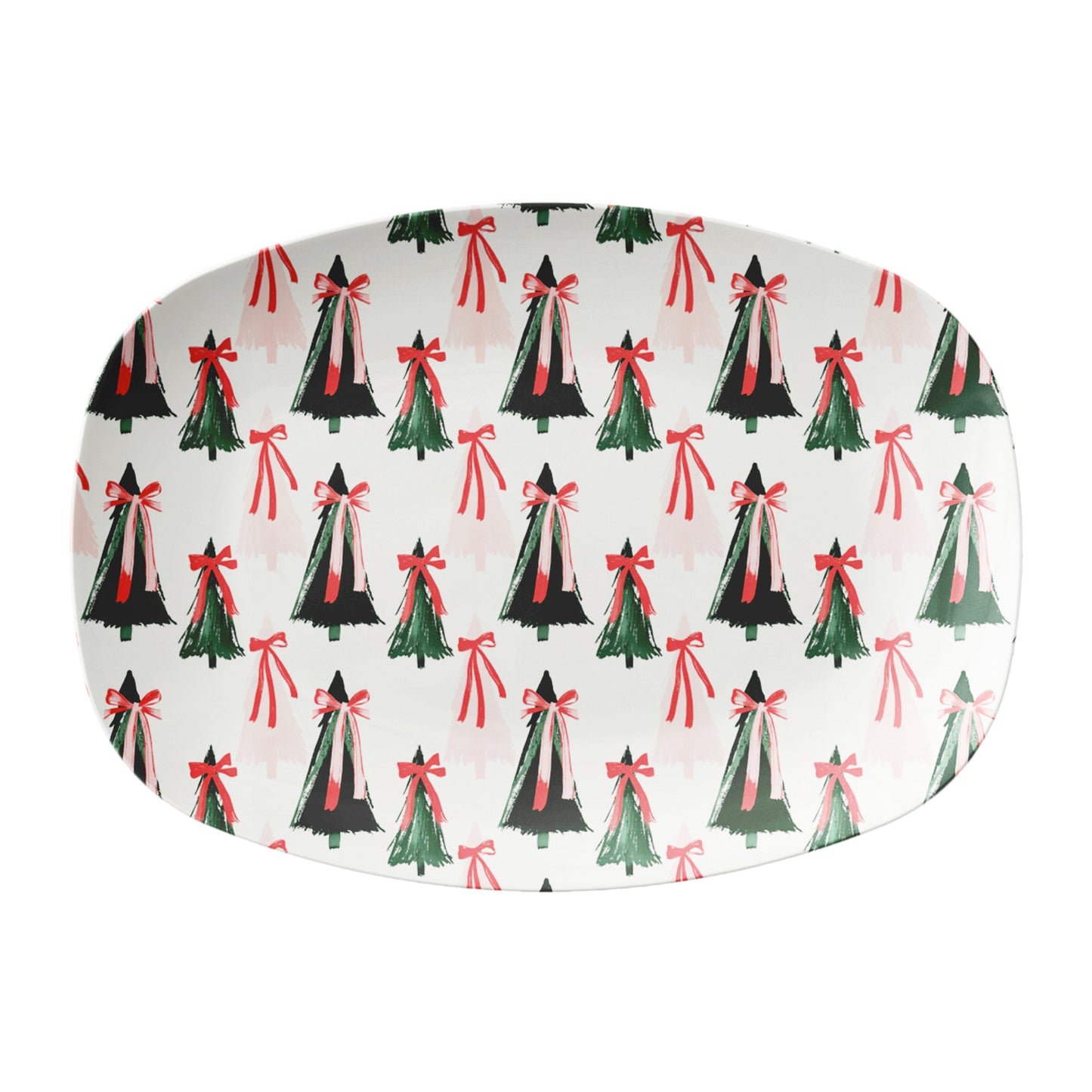 Ocal serving platter with festive modern Christmas Trees with oversize bows print: green, red and pink on white.