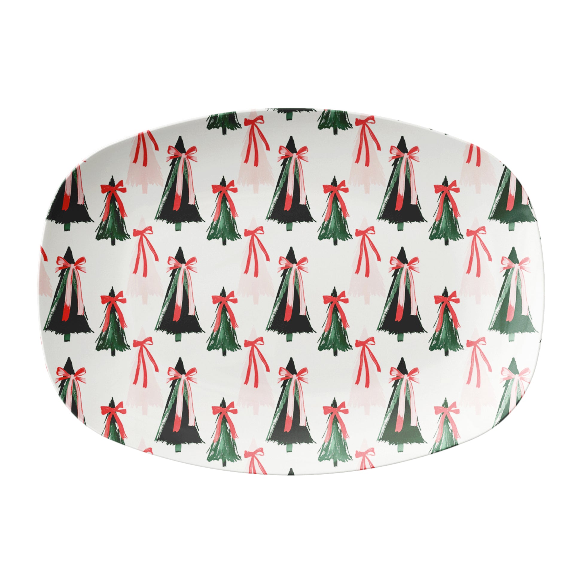 Ocal serving platter with festive modern Christmas Trees with oversize bows print: green, red and pink on white.
