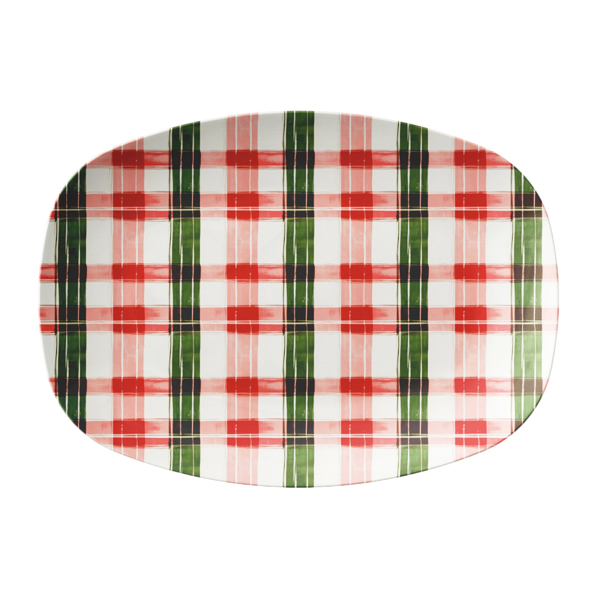 Christmas Plaid Oval Serving Platter with Red and Green Pattern