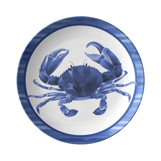 Round plate with a blue crab design on a white background
