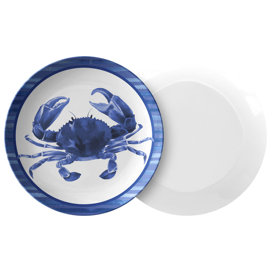 Indigo Blue Watercolor Crab Coastal Dinner Plate, 10"D, Choose Single or Set, Luxe Plastic
