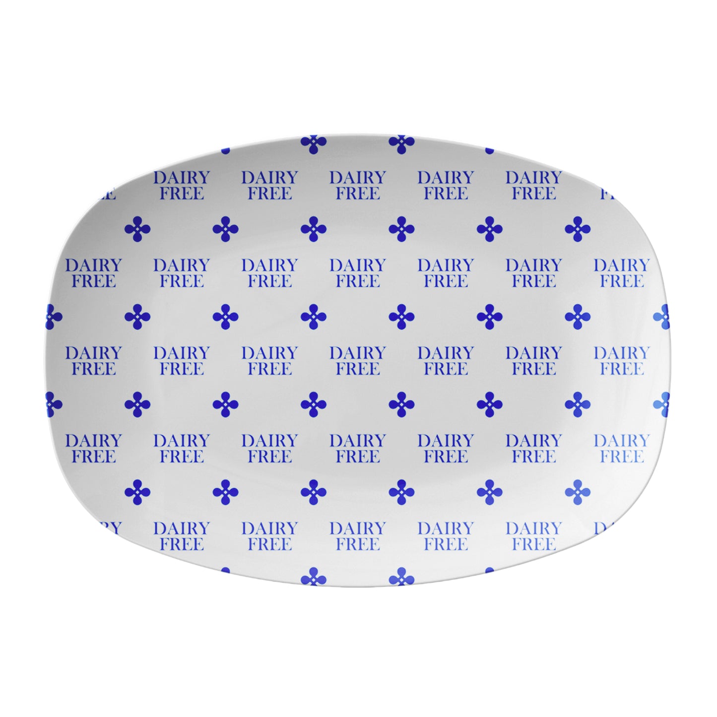 Oval serving platter labeled dairy-free on white background