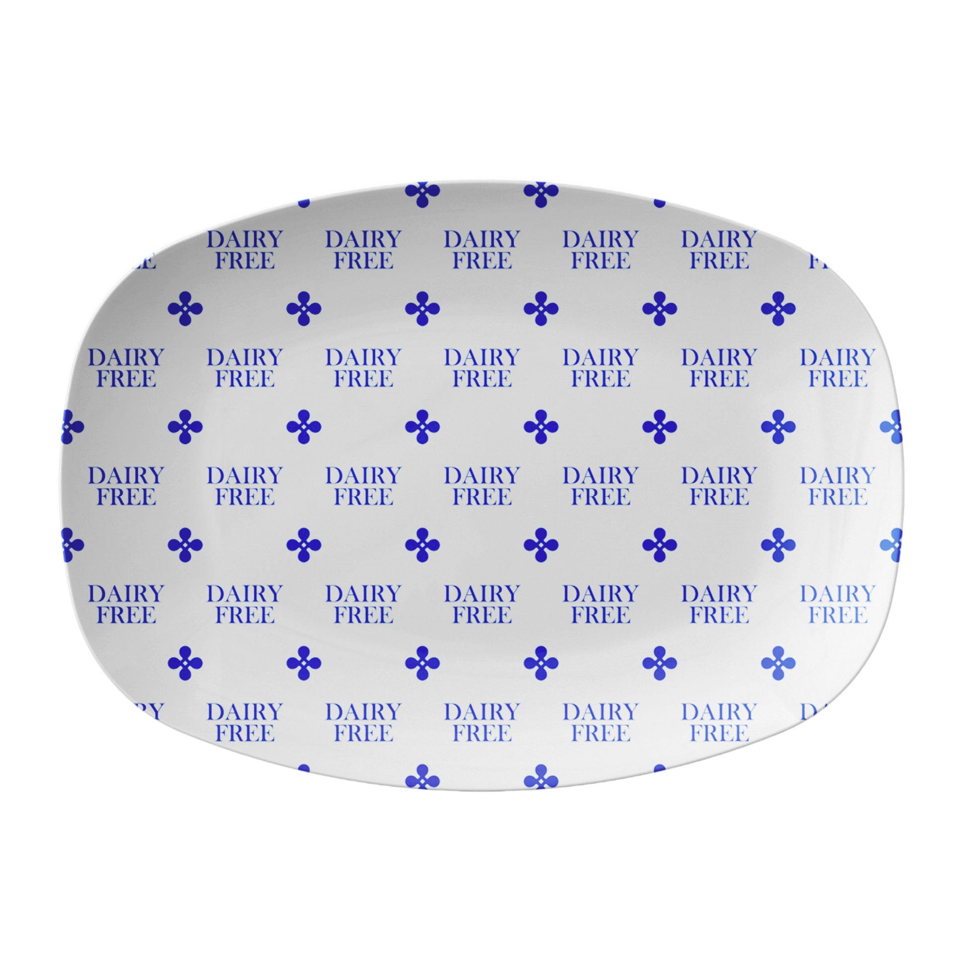 Oval serving platter labeled dairy-free on white background