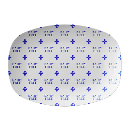 Oval serving platter labeled dairy-free on white background