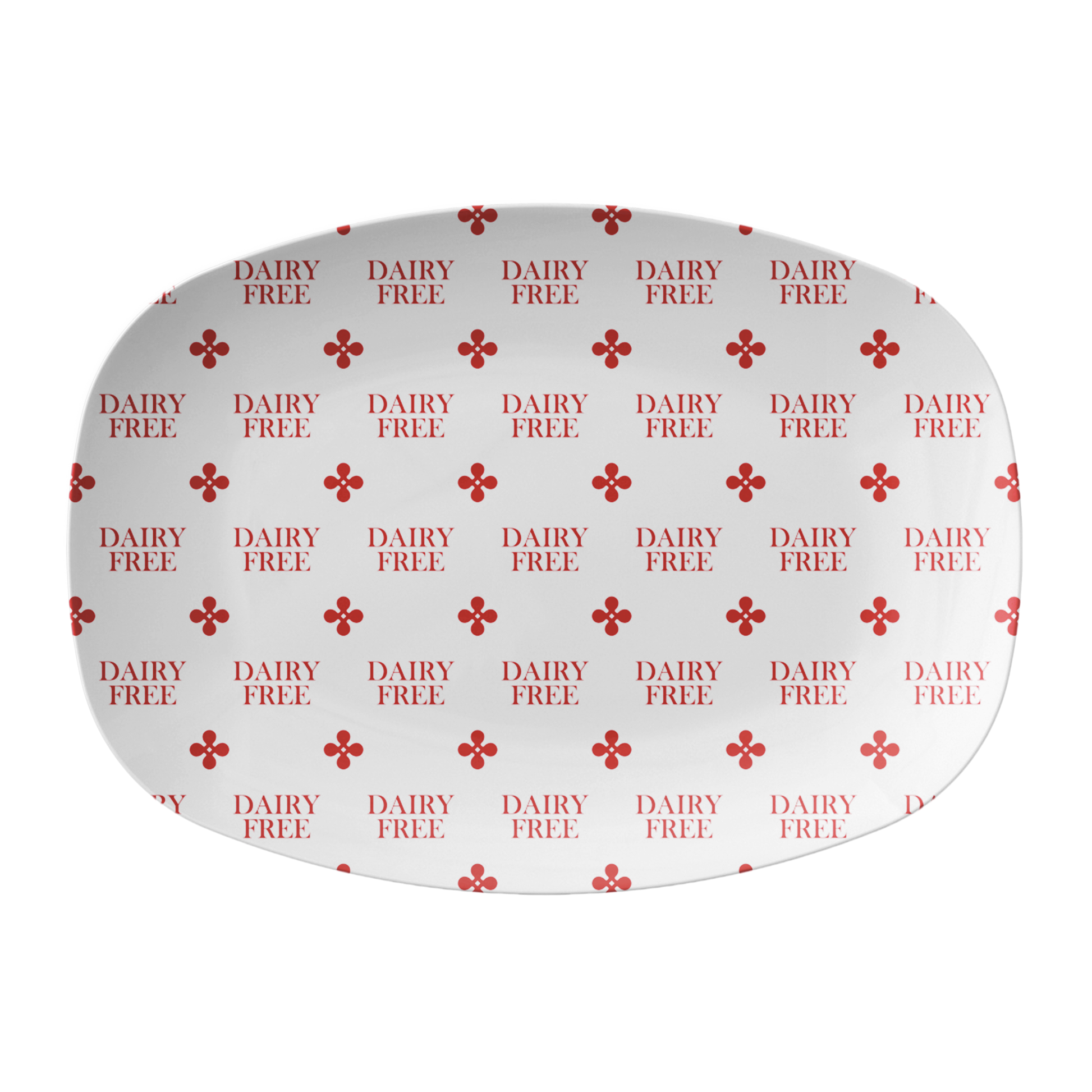 Round white label with 'DAIRY FREE' text and red clover motif on a white background