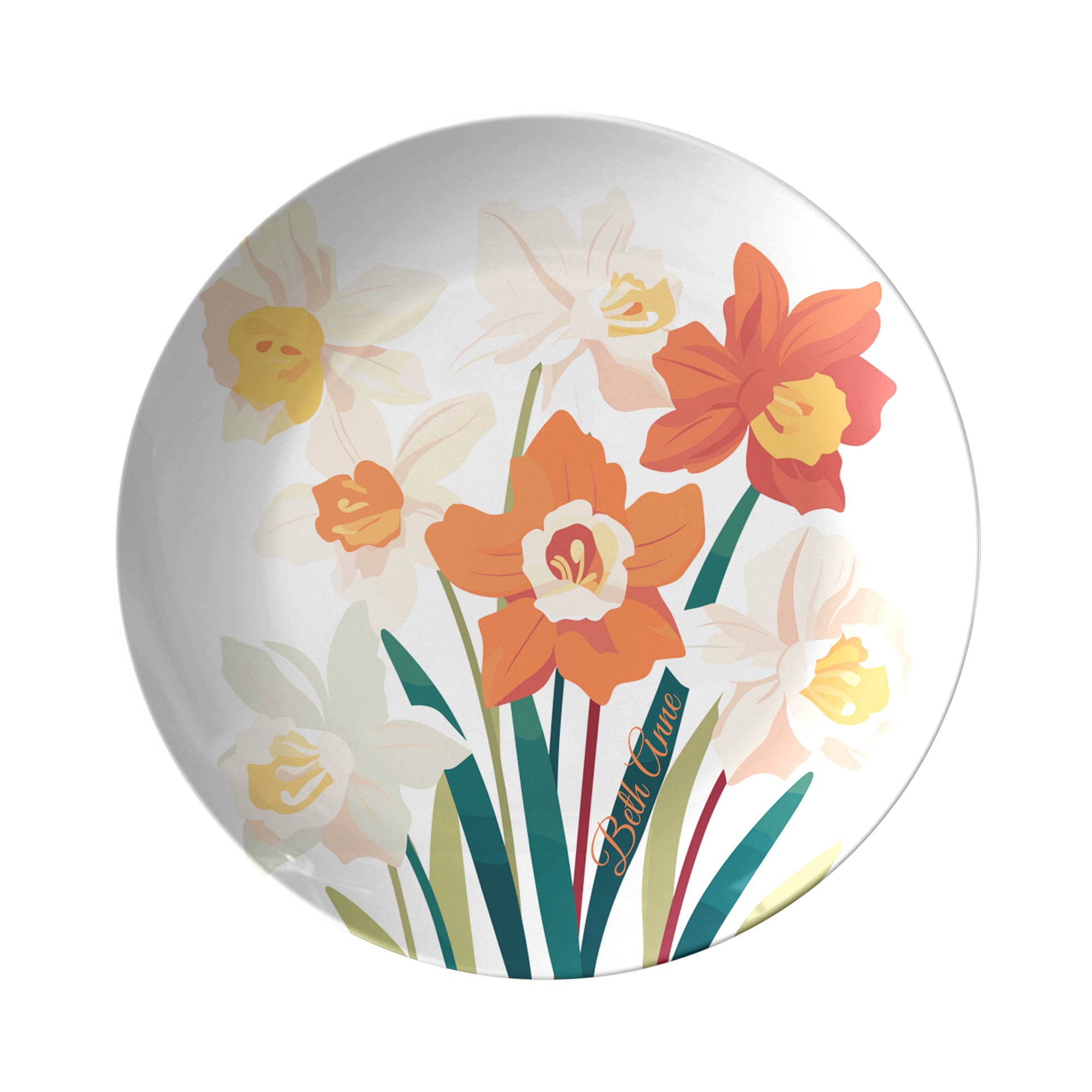 Round plate with floral design featuring orange, white, and yellow flowers with custom name on a white background