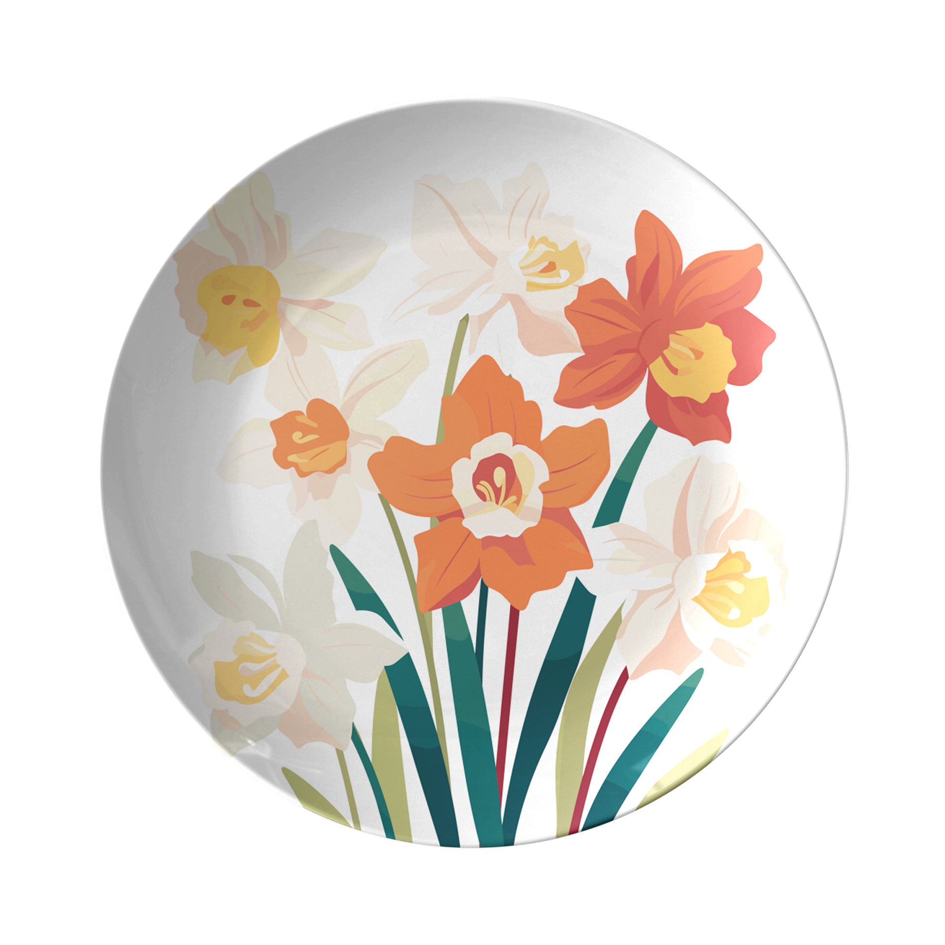 Round decorative floral plate features December birth month flower print - Narcissus bouquet on white