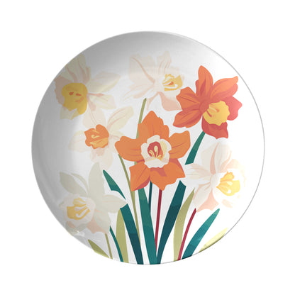 Round decorative floral plate features December birth month flower print - Narcissus bouquet on white