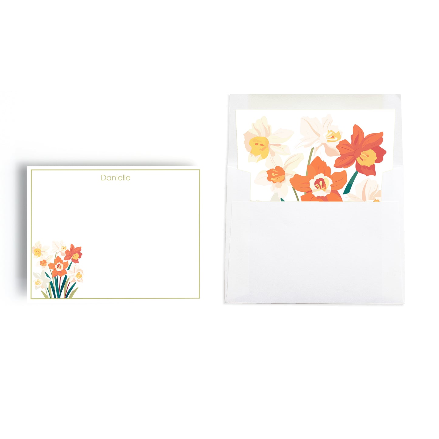 Birth month flower December Narcissus notecard with custom name and matching lined envelope