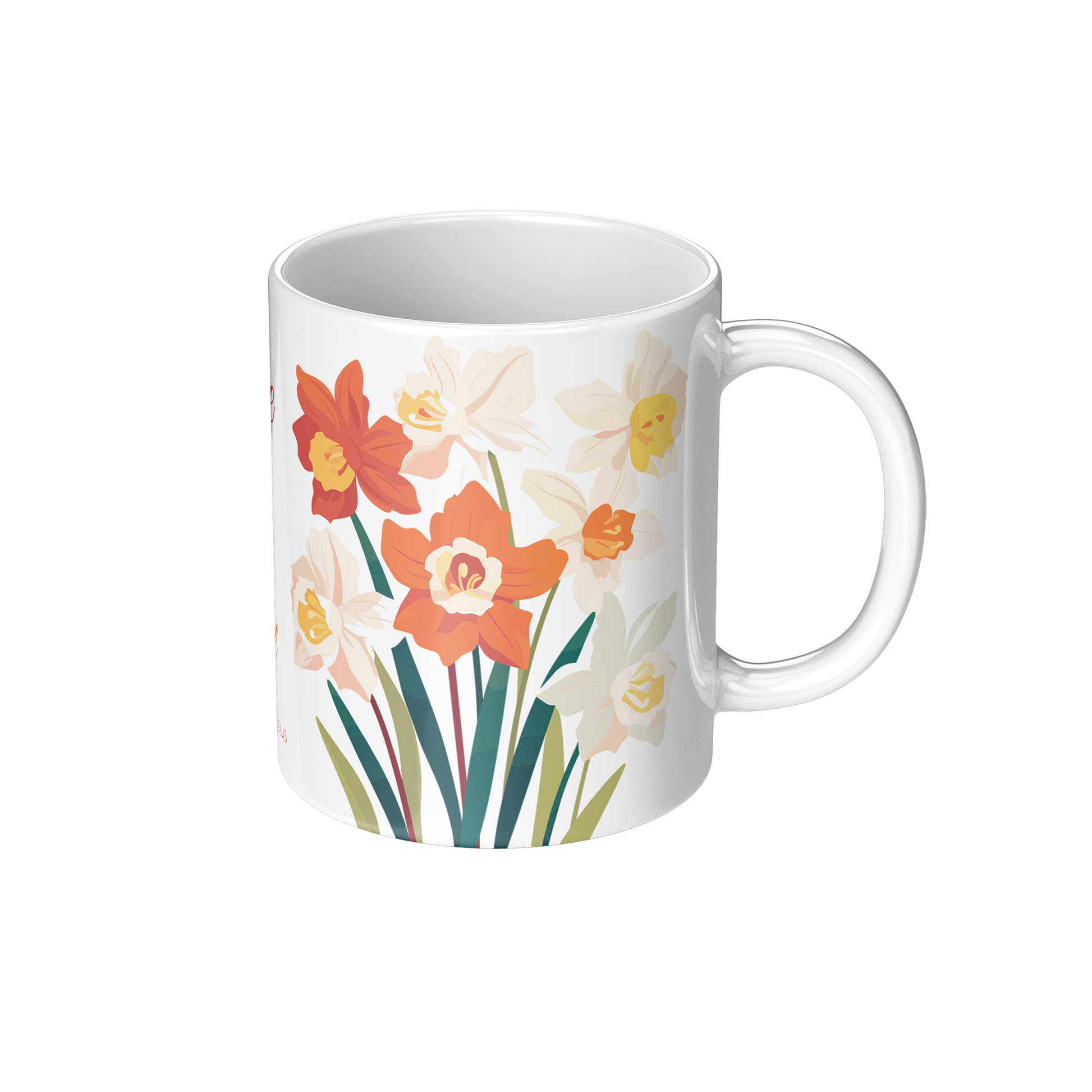 White ceramic mug with narcissus floral design featuring orange and white flowers on a white background