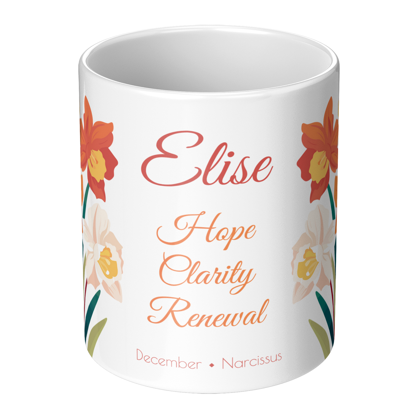 White mug with floral design and text on a white background
