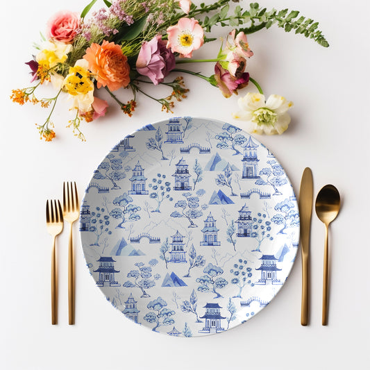 Chinoiserie Toile Dinner Plate, Blue and White, Luxury Plastic, Choose Single or Set