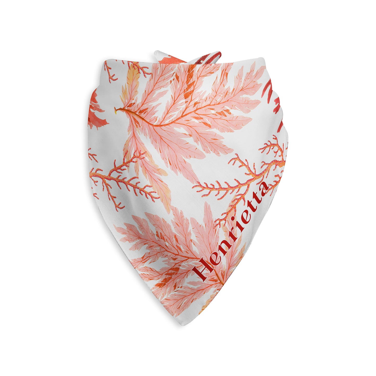 Pink Orange and red sea coral  patterned dog bandana with custom name on a white background