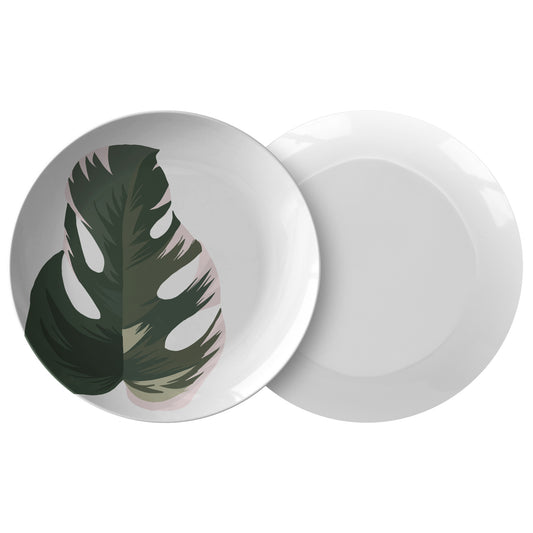 Monstera Leaf Luxury Plastic Plates, Set of 4, Green & White