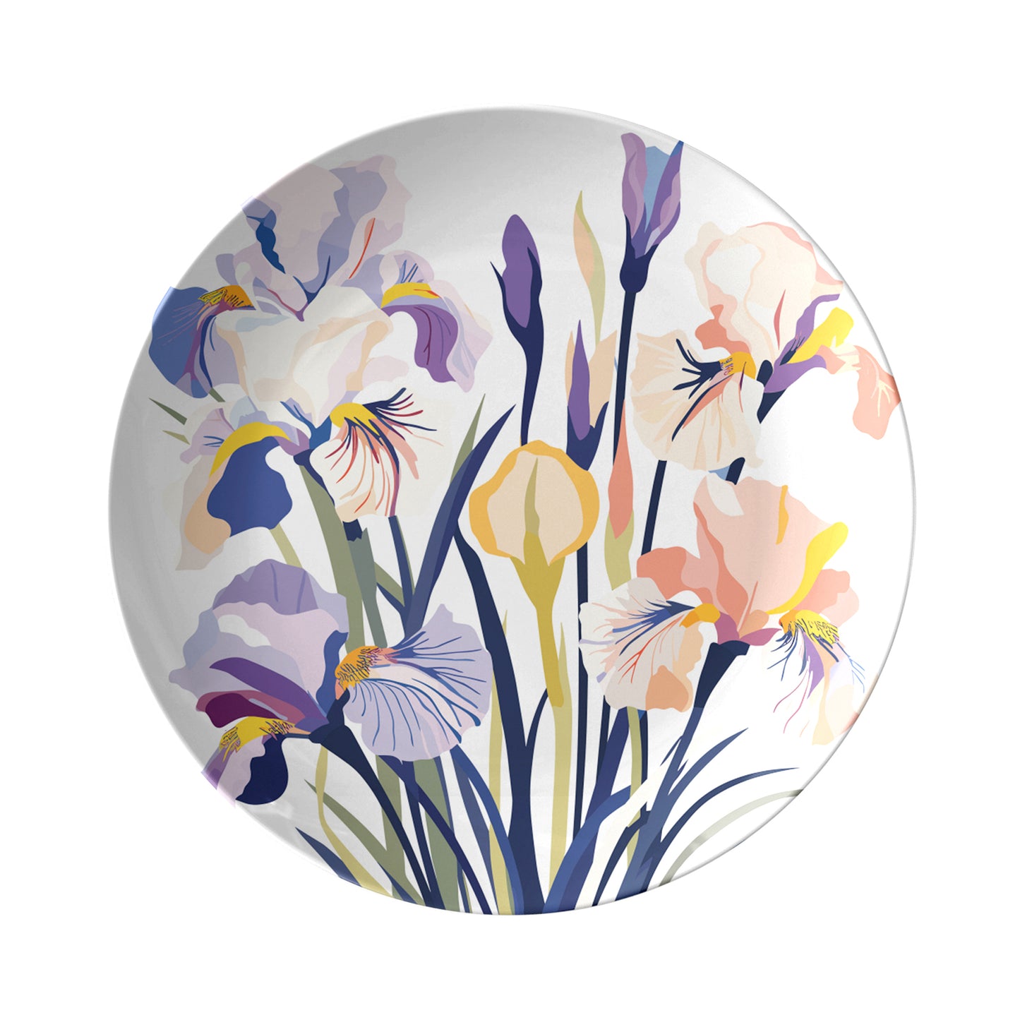 Decorative plate with colorful Iris floral design on a white background. Birthday flower Iris