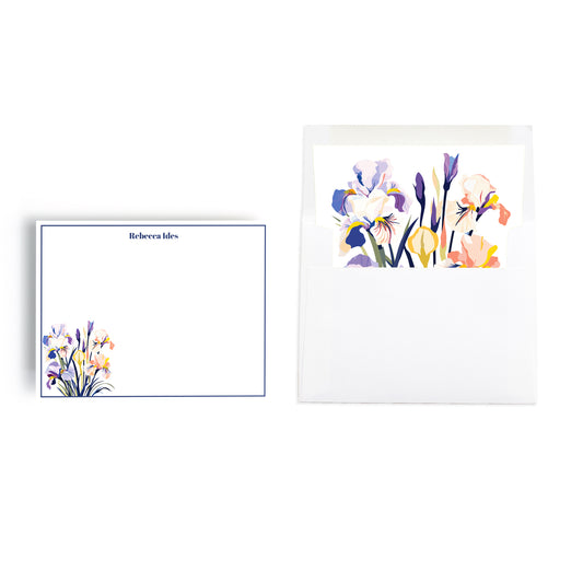 Stationery set with note card and hand lined envelope featuring iris flowers and custom monogram name