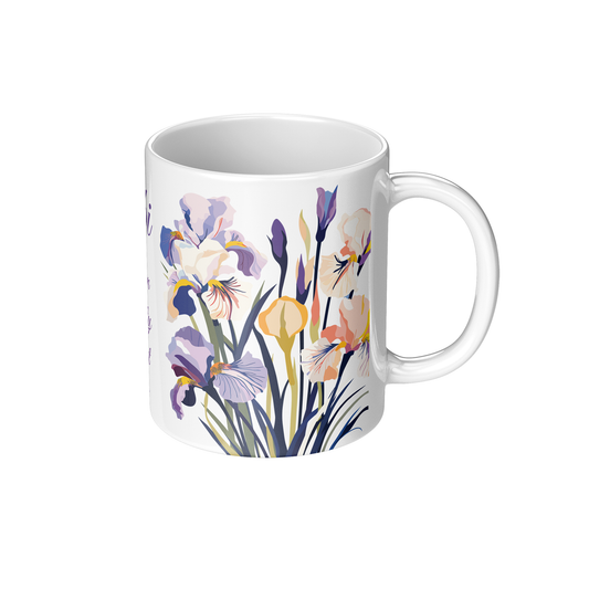 White coffee cup with lily floral design on a white background