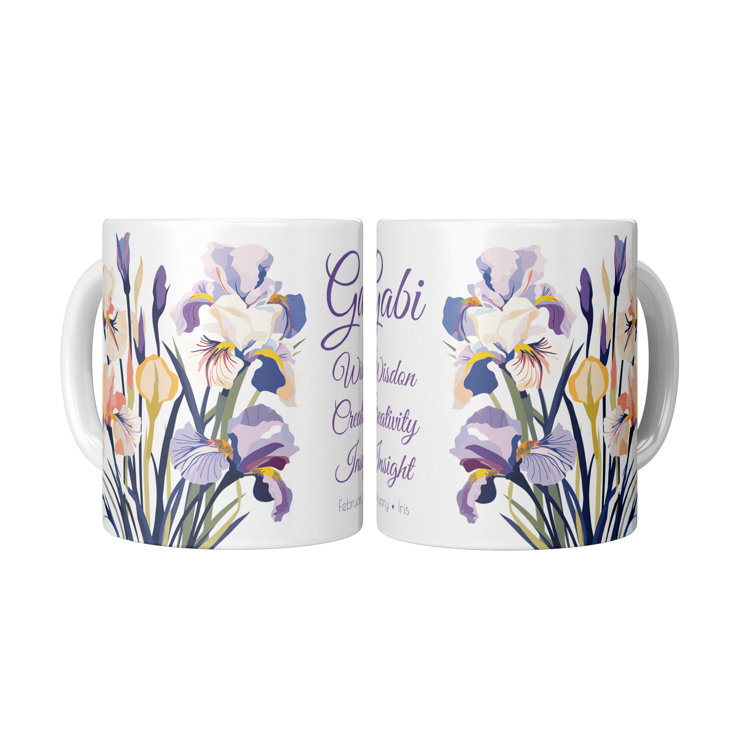 Two mugs with floral design and text on a white background