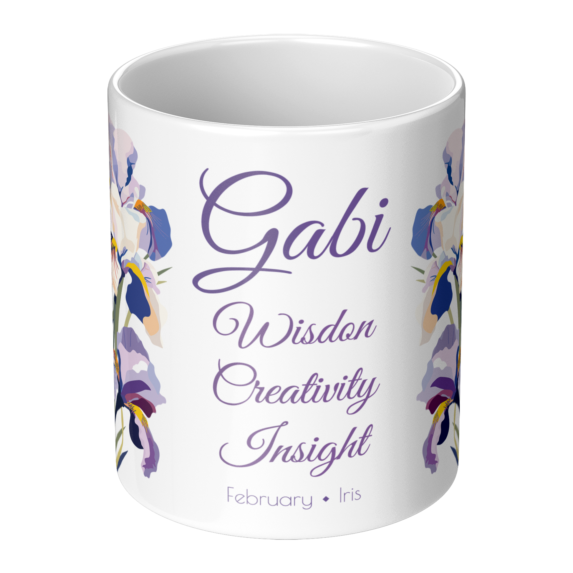 White mug with floral designs and custom name and text on a white background