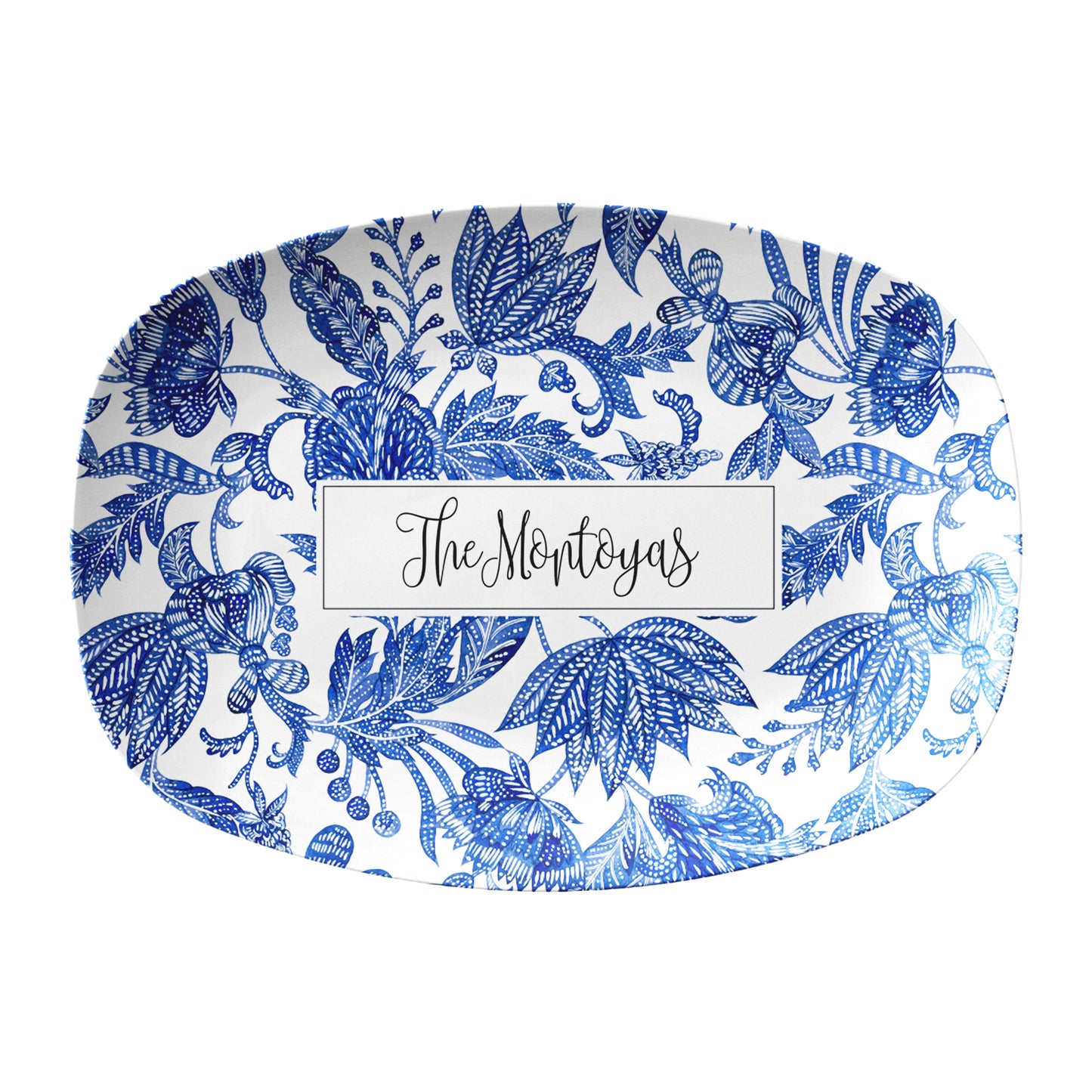 Decorative serving platter with blue floral pattern and custom text on a white background