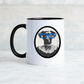 Mug with a design of a dog wearing blue glasses on a white background