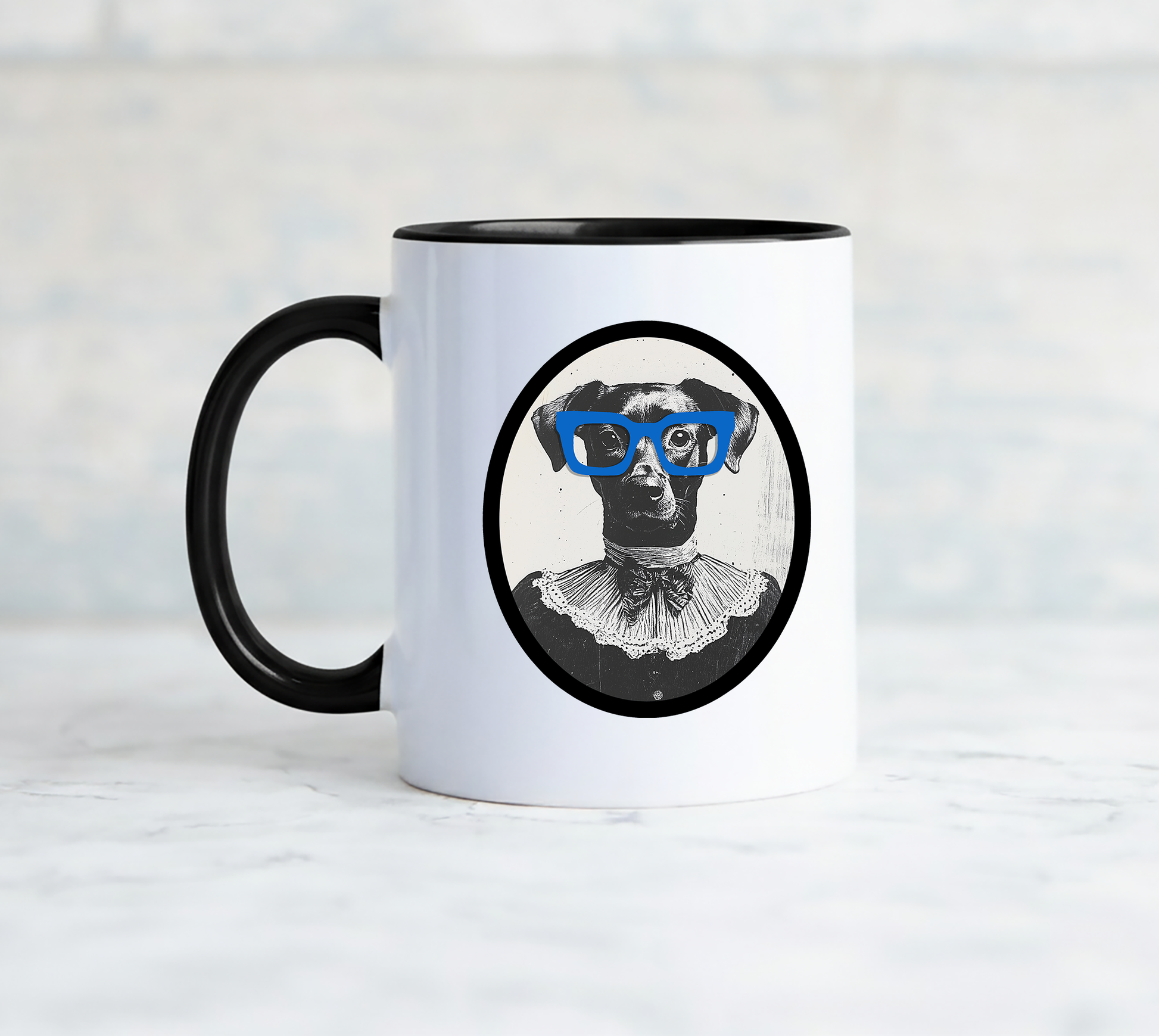 Mug with a design of a dog wearing blue glasses on a white background