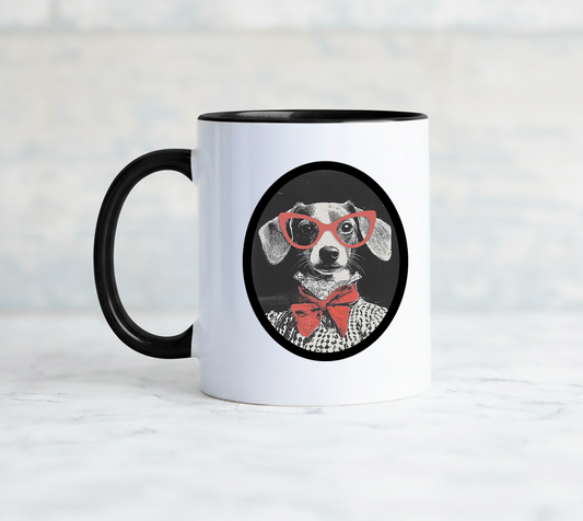 White ceramic coffee mug with a black handle and interior has an image of a funny dog with red glasses and on the back side says I feel sorry for people who don't know me.