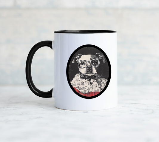 Mug with a funny dog portrait on one side and on the other side text says I feel sorry for people who don't know me.