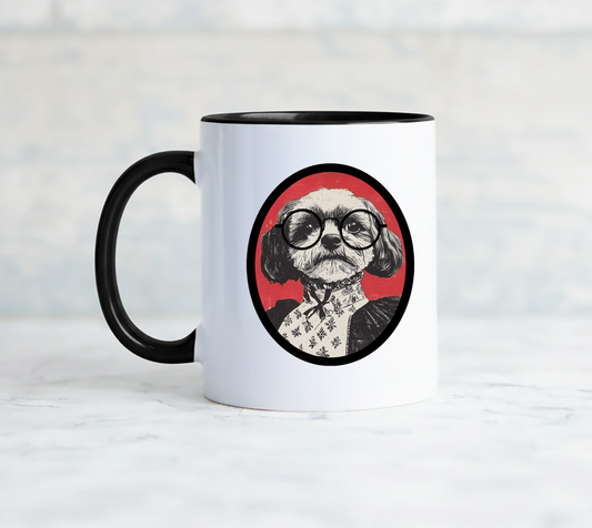 Funny coffee mug is white with a black handle and featues a cute dog with round wire glasses and on the back side says I feel sorry for people who don't know me.