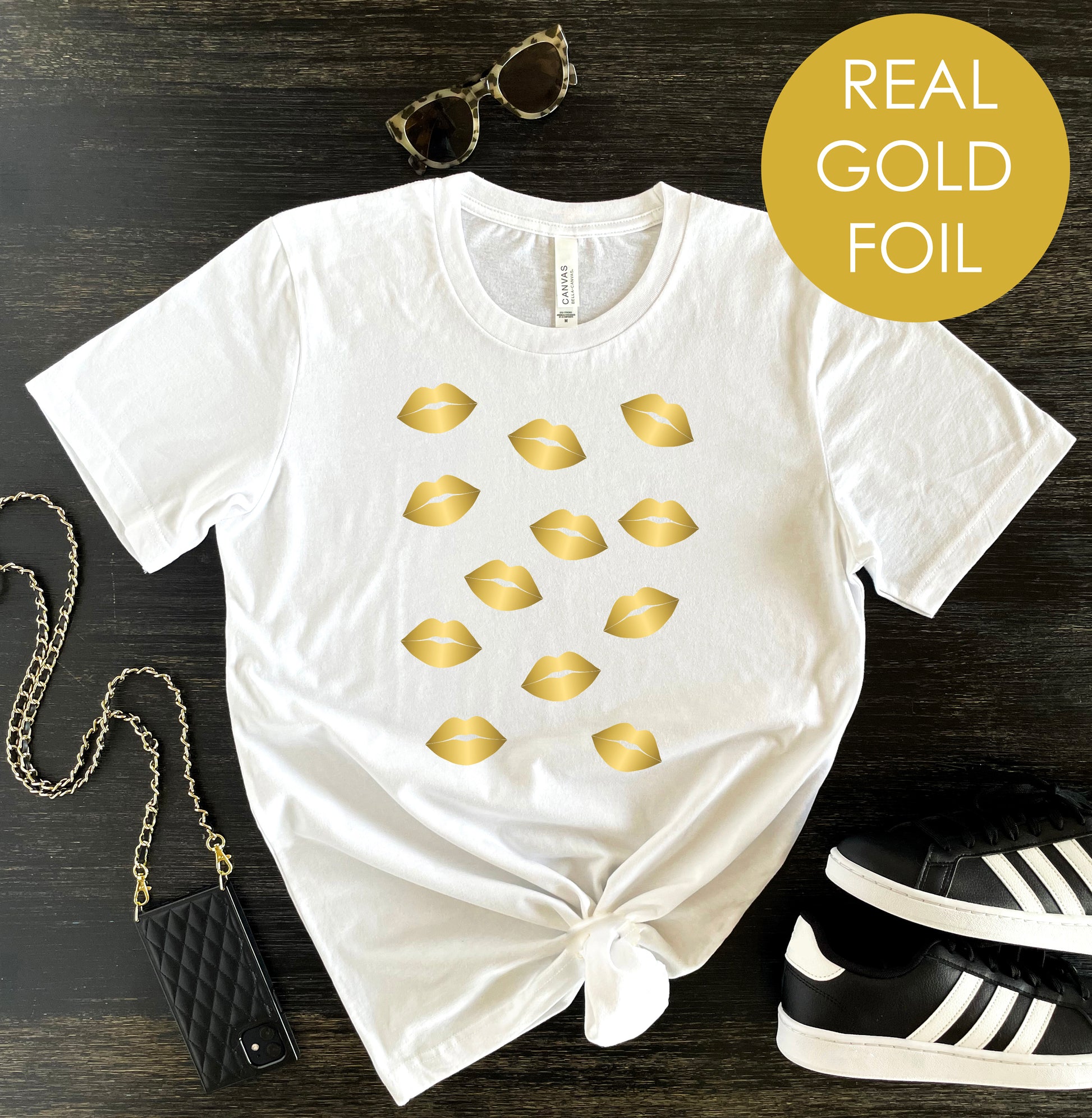 Gold Lips Gold Foil Graphic Kiss Tshirt for Women