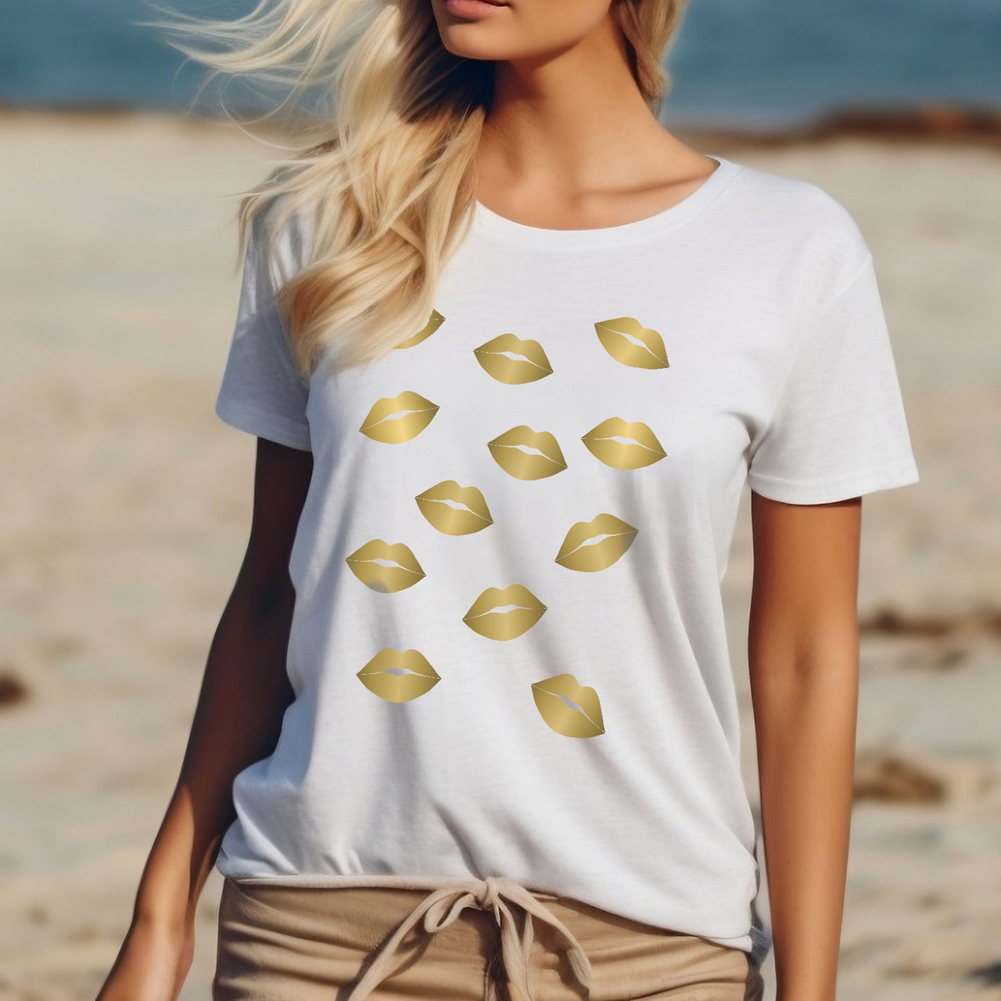 Women's white t-shirt with gold foil lips design