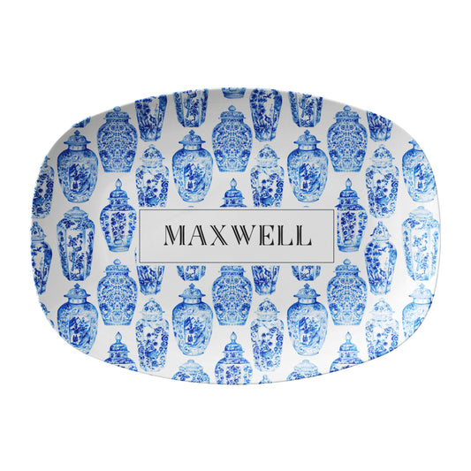 Ginger Jars Chinoiserie Serving Platter Personalized with Custom Name, Blue & White Serveware Gift