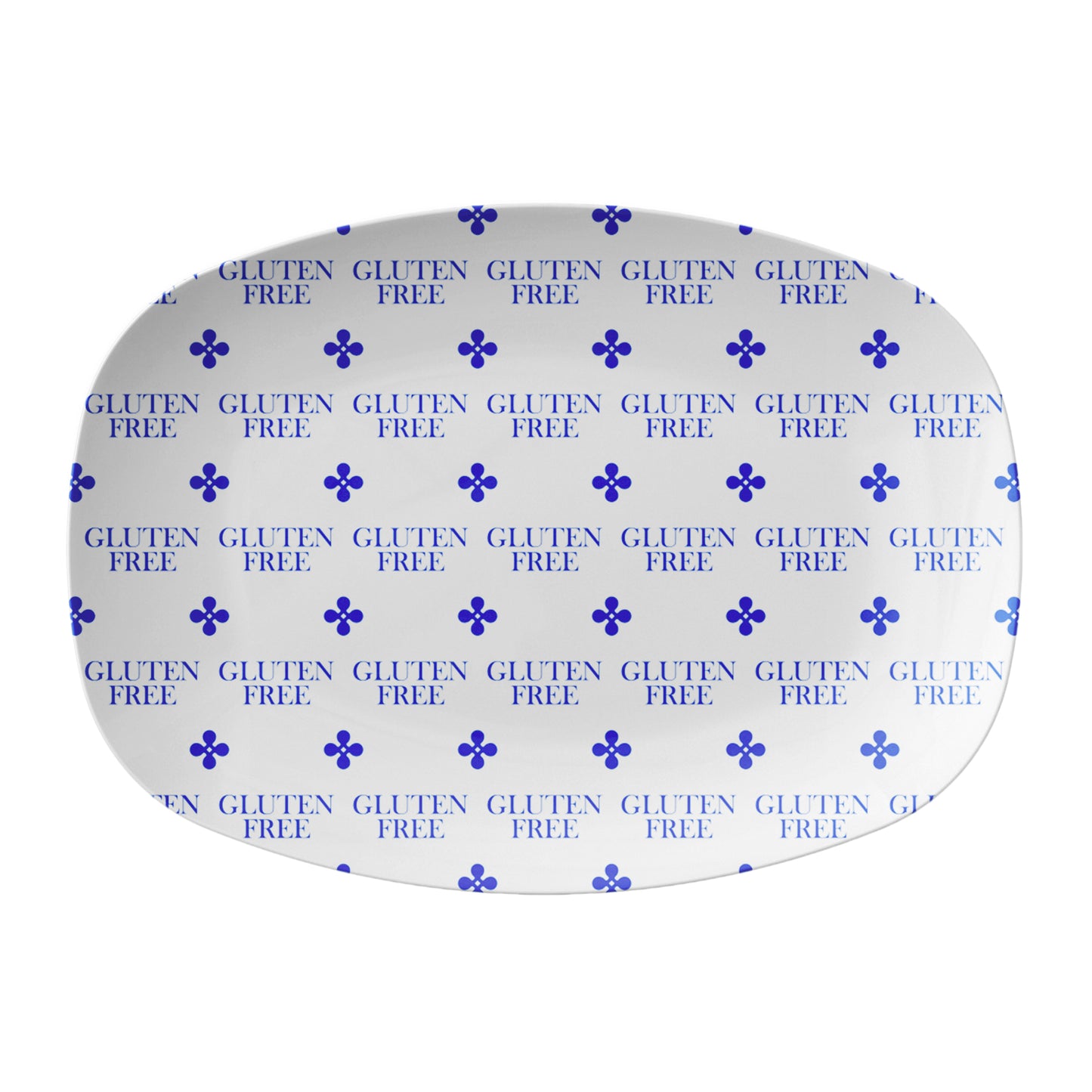 White oval serving platter labeled Gluten Free in blue. 