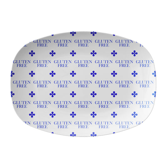 White oval serving platter labeled Gluten Free in blue. 