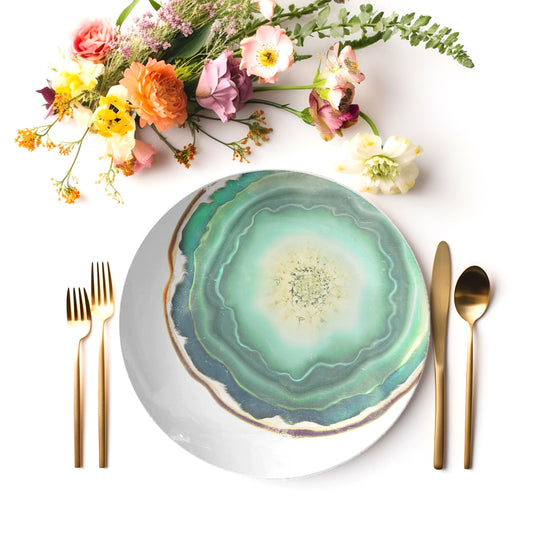 Agate Print Plastic Plate 10", Set of 4, Green & White