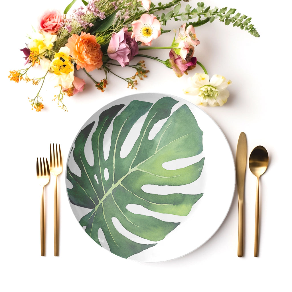 Monstera Modern Palm Leaf Print Plate Green & White 