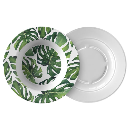 Plastic bowls with green monstera leaves print.