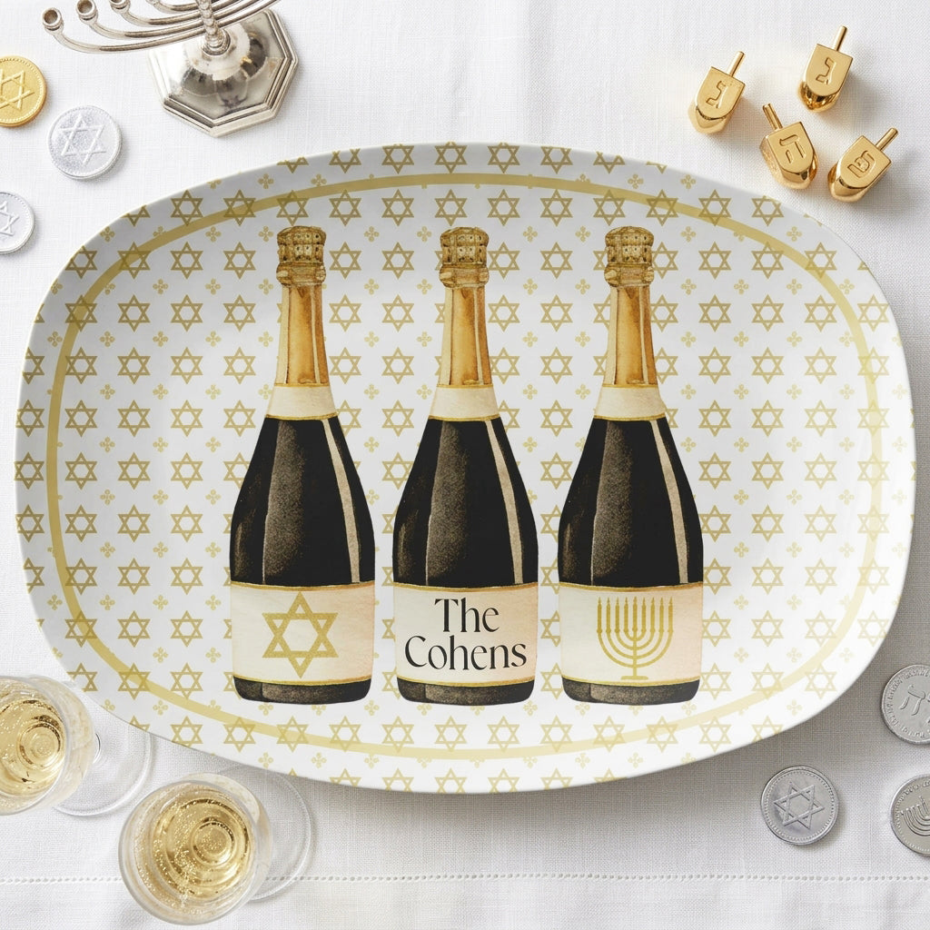 Hanukkah Celebration Personalized Serving Platter with Champagne Bottles Print, Luxury Plastic
