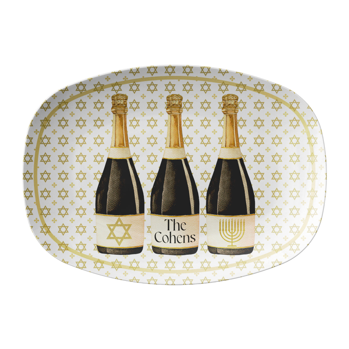 White oval serving platter features a graphic of three watercolor illustrated champagne bottles, each with a unique Hanukkah-inspired label:  one at the center is personalized with a name or phrase of your choice, one with a Star of David in shimmering gold glitter, and one featuring a glittery golden menorah. The entire tray is finished with an all-over Star of David print background in gold for an extra festive touch.
