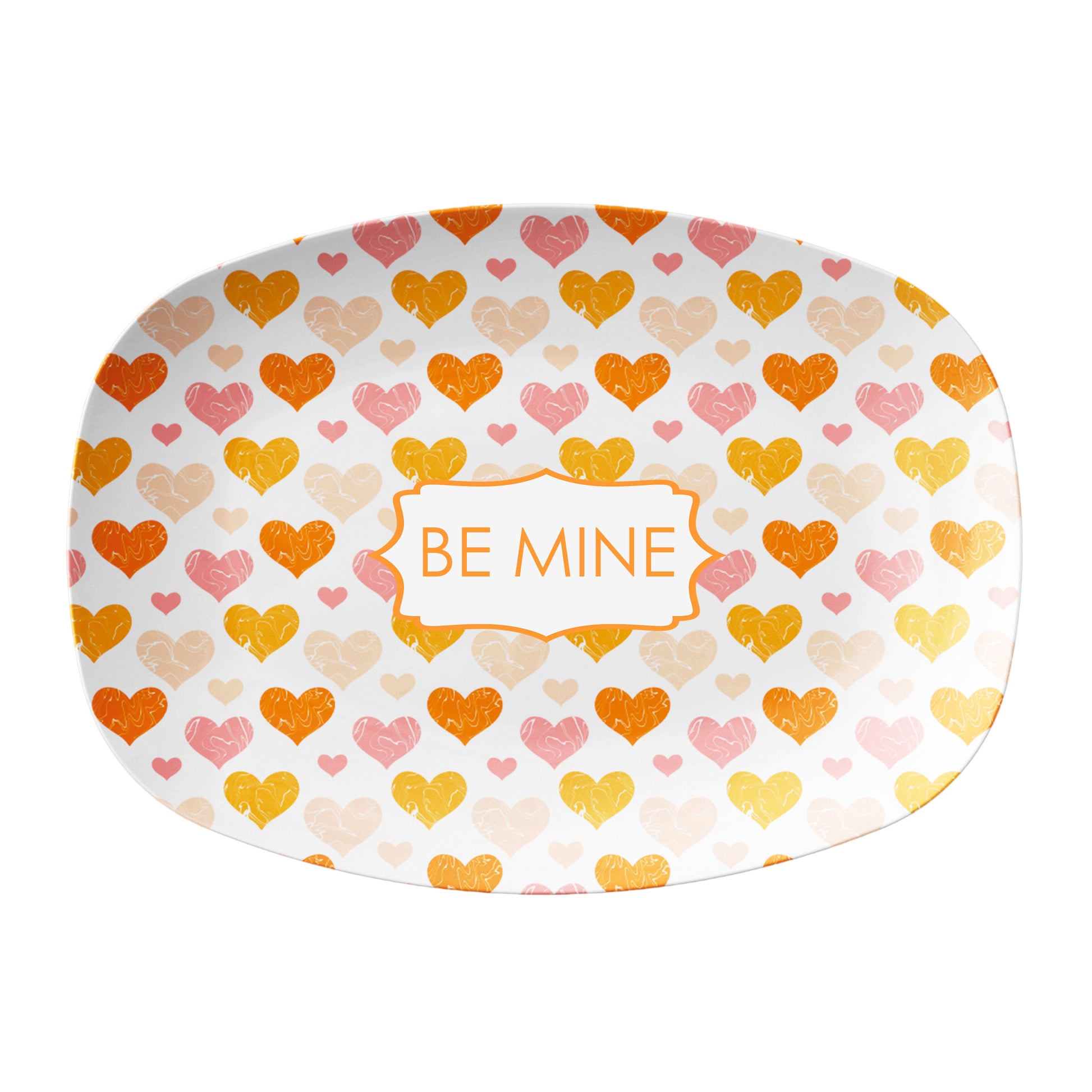 Oval-shaped serving dish with heart pattern and custom name or text on a white background
