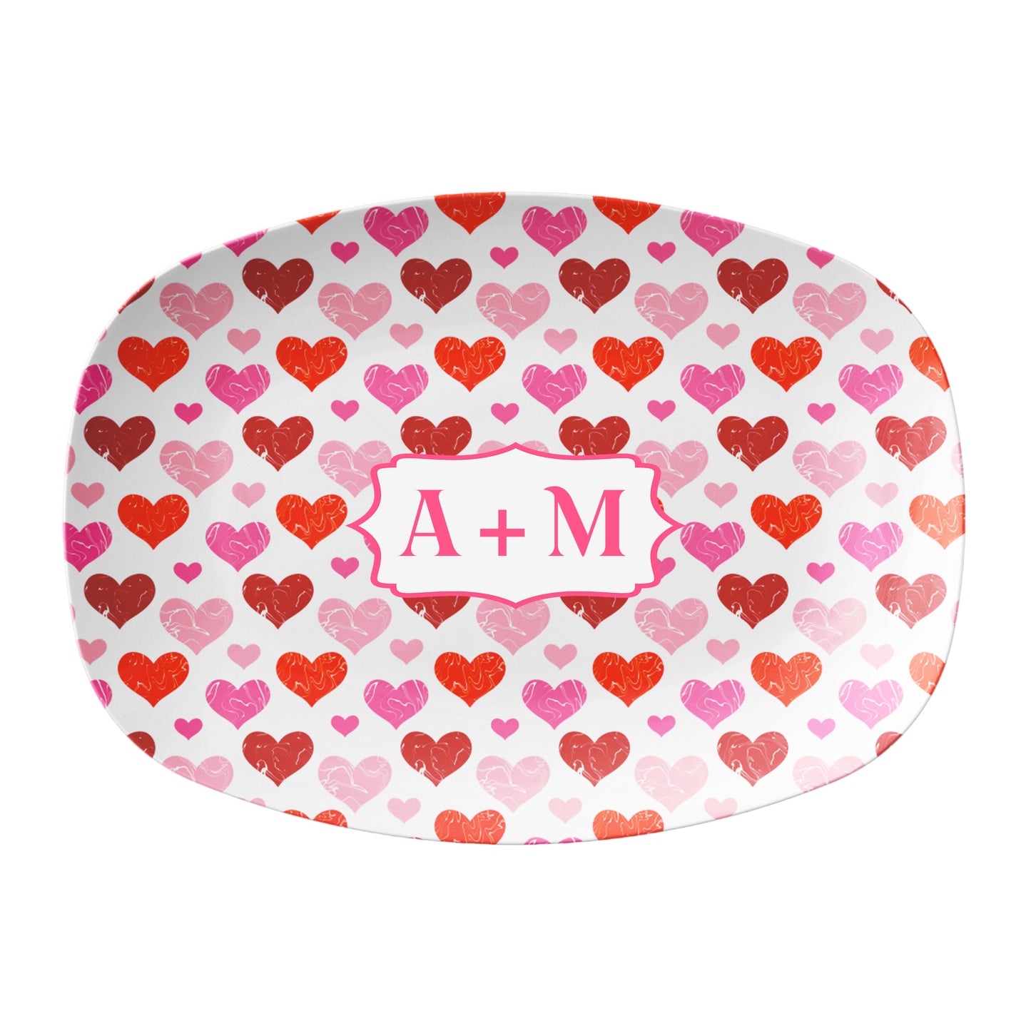 Oval-shaped serving platter with a red and pink heart pattern on white background. Personalized with any name or custom text.