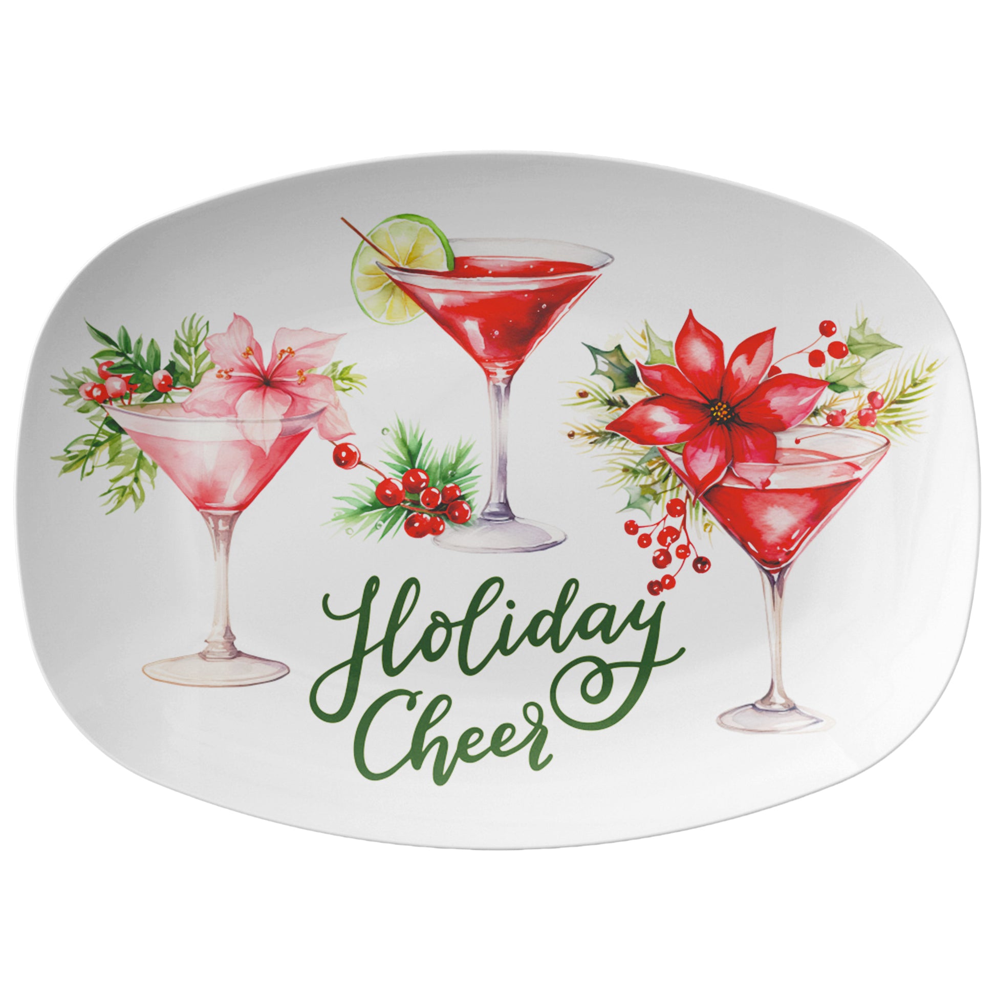 Christmas cocktails with red and pink poinsettia flowers and holly berry garnishes are printed on this festive holiday themed serving platter. Text says "Holiday Cheer" printed in green.