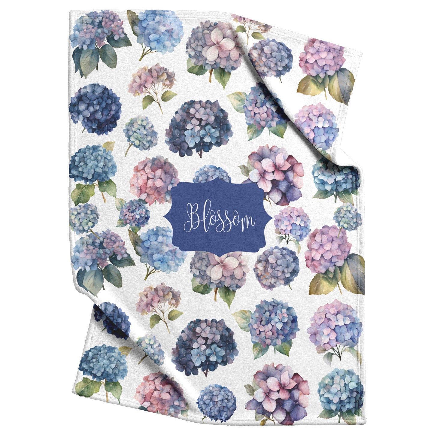 Pet blanket with purple, pink and blue hydrangeas floral pattern on a white background. Personalized with any custom text at center.