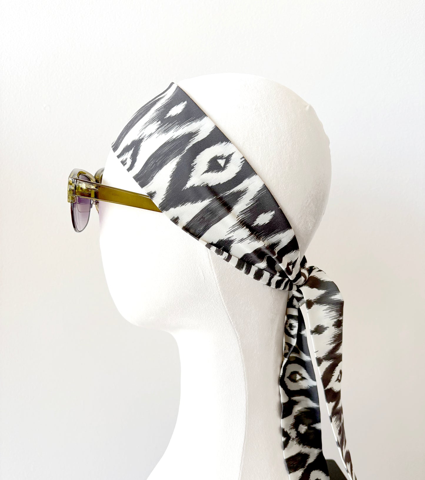 Ikat Skinny Scarf, Neck Tie Bow, Grey-Black & Ivory