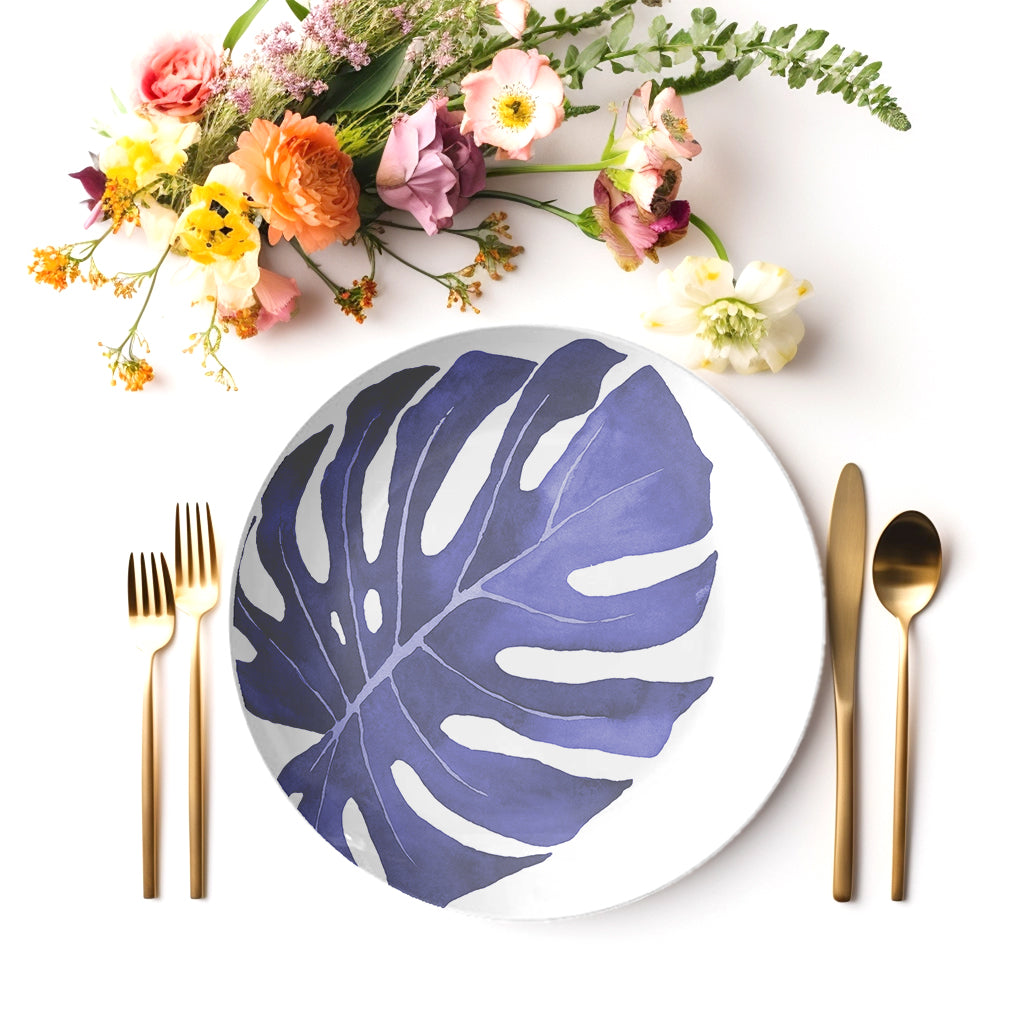 Monstera Leaf Plastic Dinnerware, Navy Blue & White, Set of Four Plates