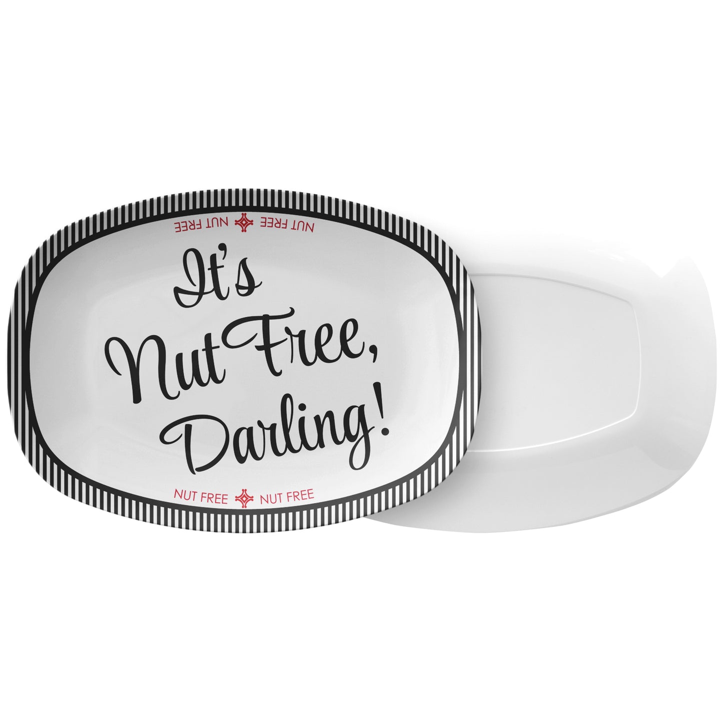 White oval serving platter labeled with 'It's Nut Free, Darling!' text and stripes on a white background