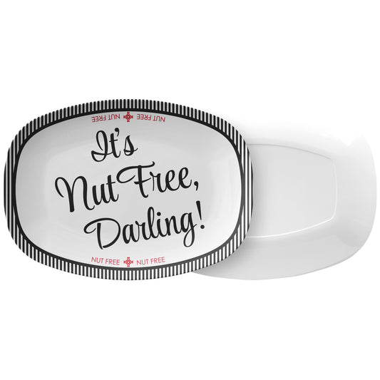 White oval serving platter labeled with 'It's Nut Free, Darling!' text and stripes on a white background